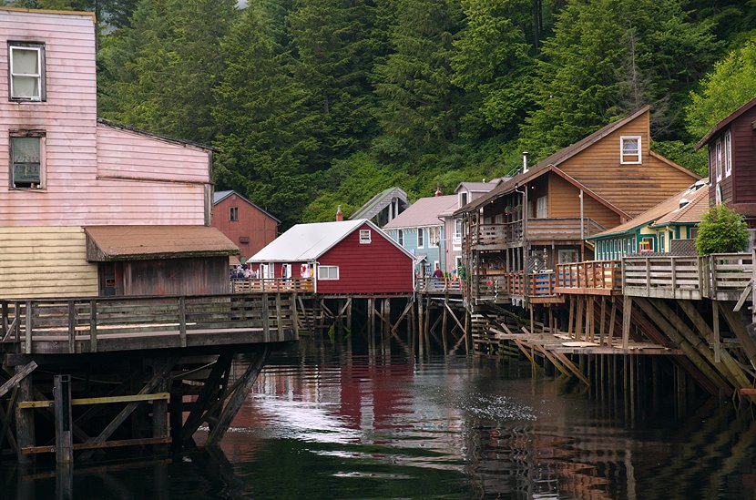 Small houses on boardwalk in Southeast Alaska