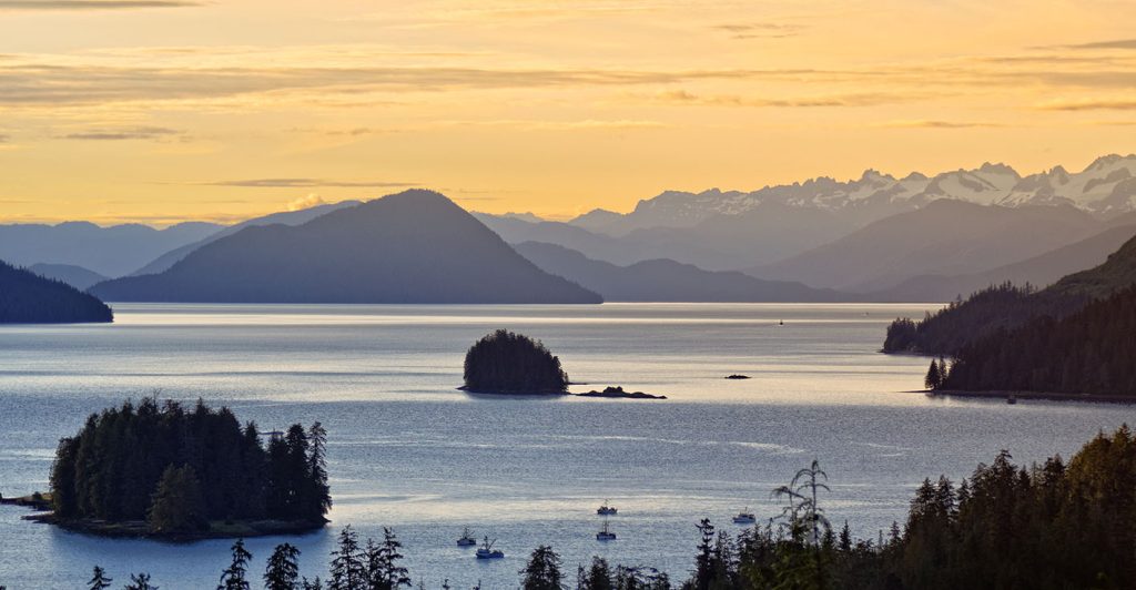 Lake and mountains during sunset in Southeast AK